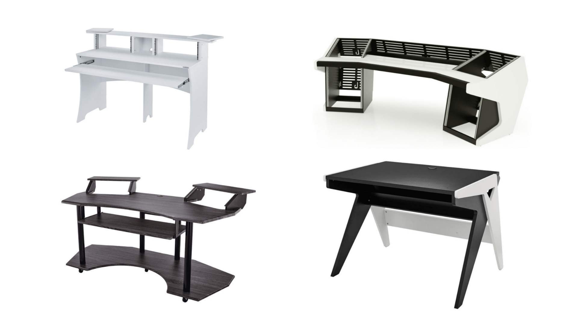 Studieborde og møbler fra forskellige brands i hvid, sort og brun