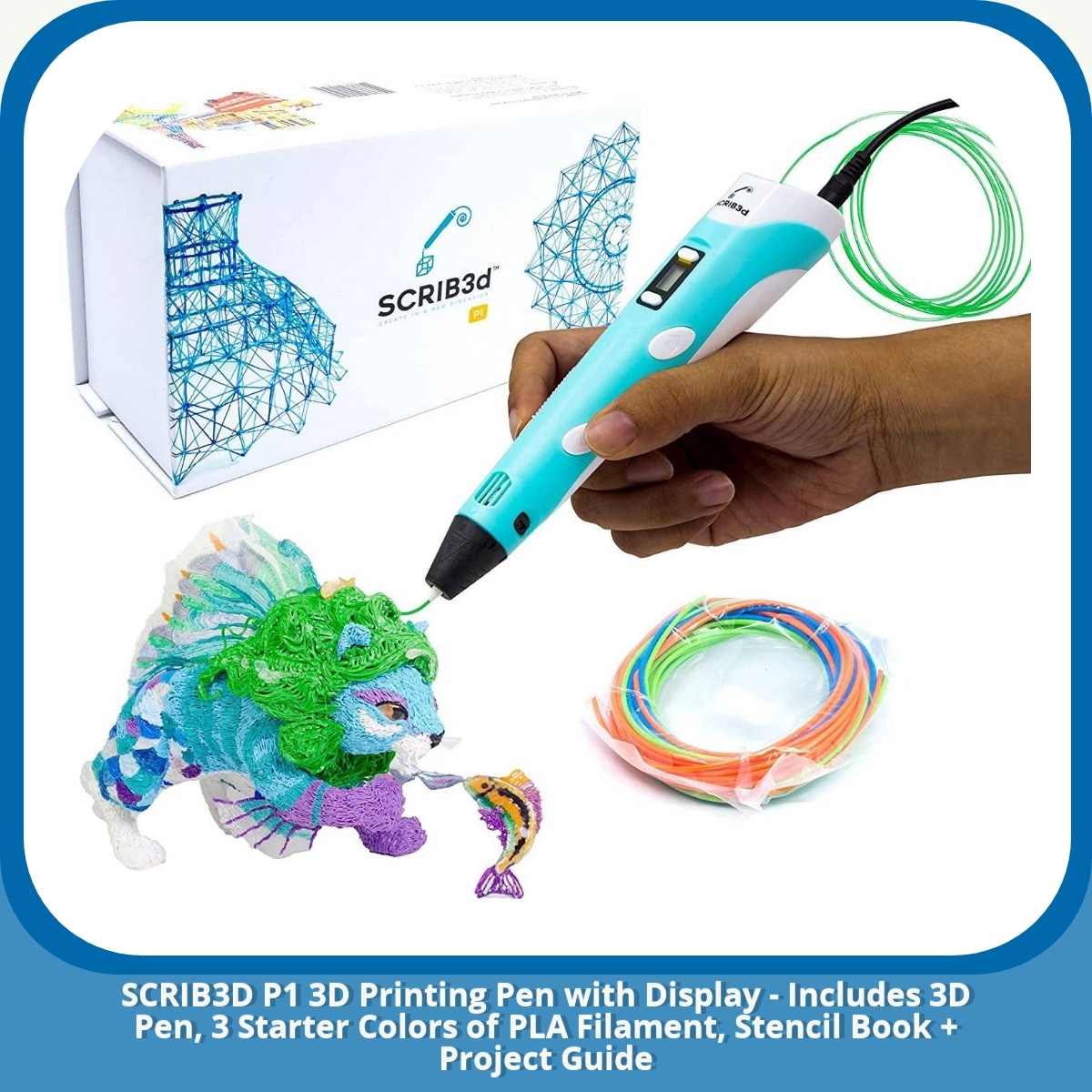 Anmeldelse af SCRIB3D P1 3D Printing Pen with Display - Includes 3D Pen, 3 Starter Colors of PLA Filament, Stencil Book + Project Guide