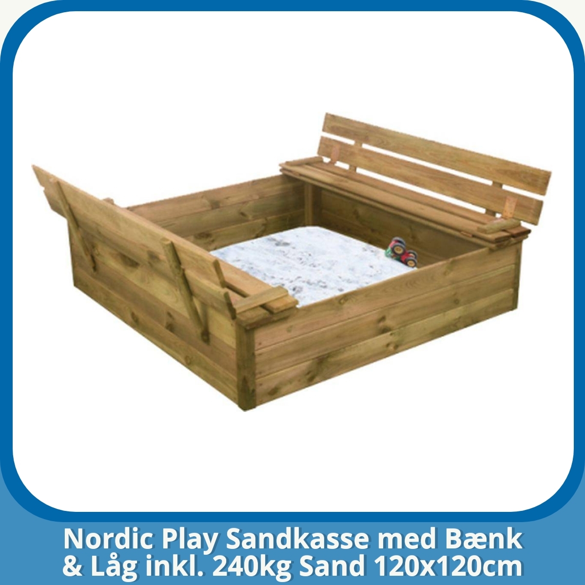 Anmeldelse af Nordic Play Sandkasse med Bænk & Låg inkl. 240kg Sand 120x120cm